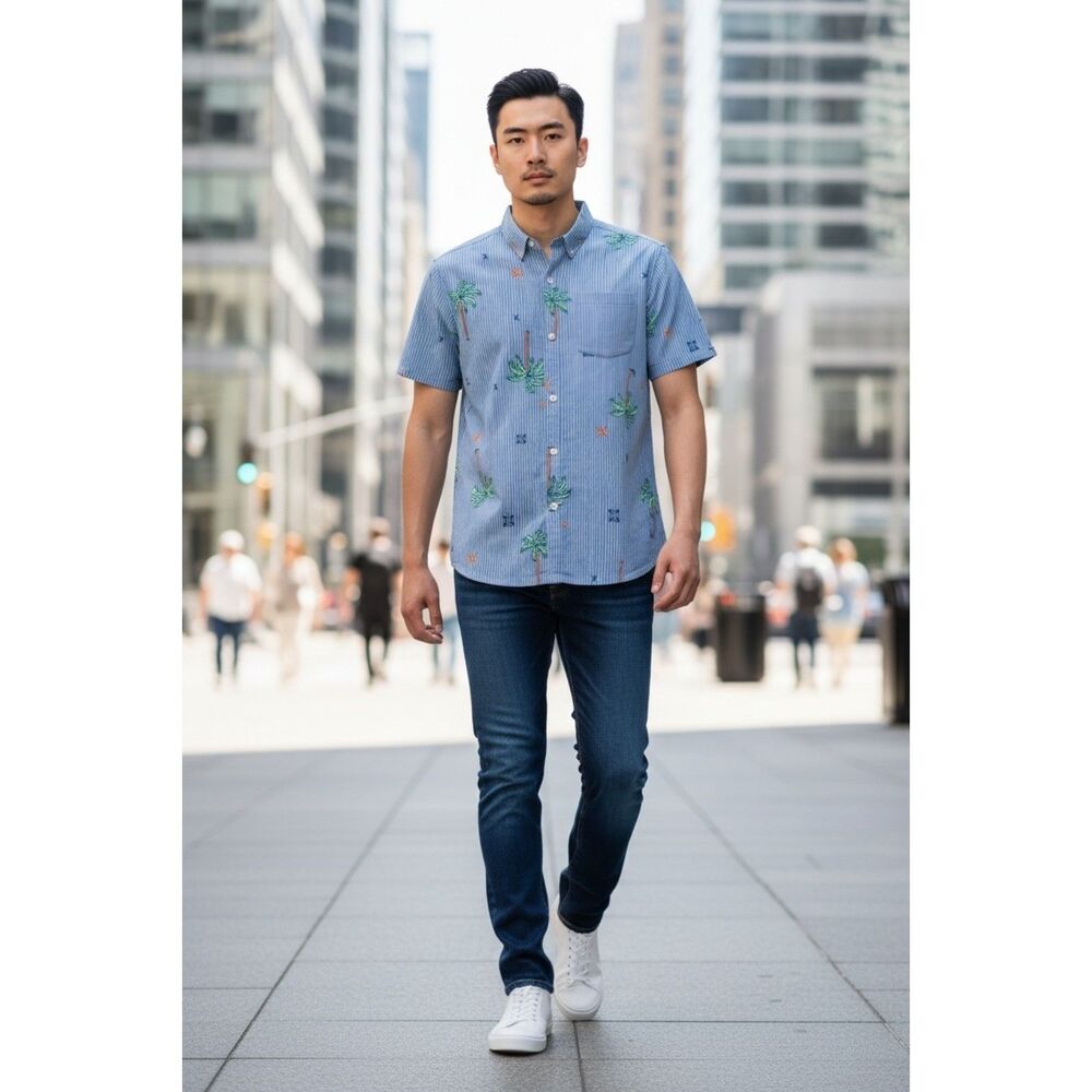 NWT SAXX Mens Medium M Blue Palm Tree Print Short Sleeve Button Down
